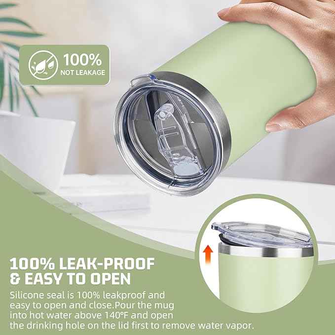 20 oz Tumbler with Lids and Straws, Stainless Steel Insulated Travel Coffee Mug, Double Wall Vacuum Insulated Tumblers, Powder Coated Coffee Tumbler for Cold & Hot Drinks (Green Tea)