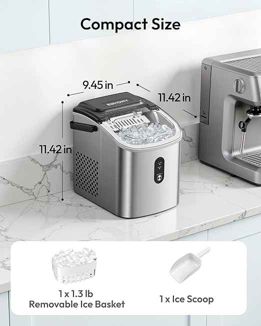 EUHOMY Ice Maker Countertop, Portable Ice Machine with Carry Handle, 26.5lbs Per Day, 9 Cubes in 6 Mins, Auto-Cleaning, with Basket and Scoop, for Home, Kitchen, Camping, RV (Silver)