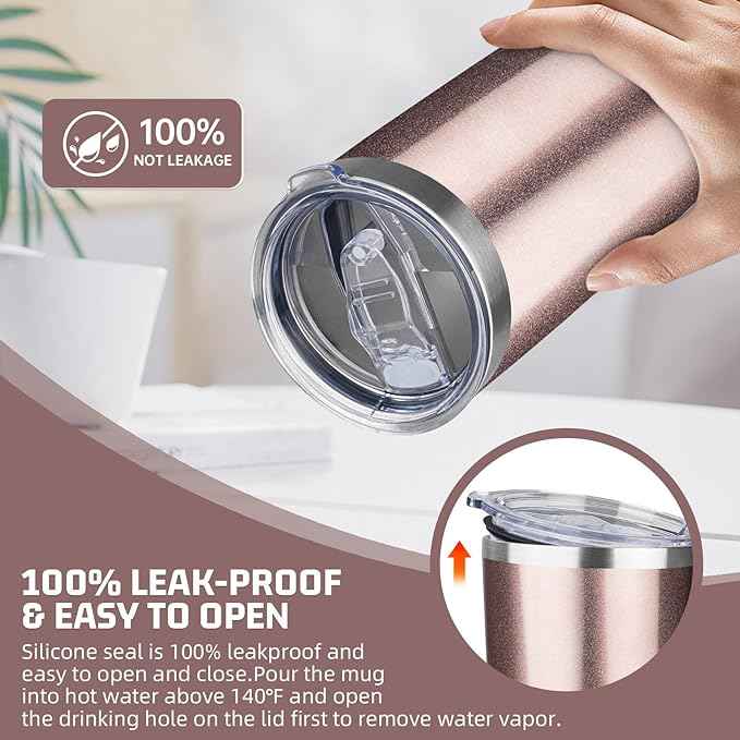 20 oz Tumbler with Lids and Straws, Stainless Steel Insulated Travel Coffee Mug, Double Wall Vacuum Insulated Tumblers, Powder Coated Coffee Tumbler for Cold & Hot Drinks (Rose Gold,4pack)