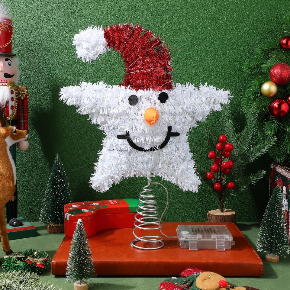Christmas Tree Topper Snowman Star: Lighted Sparkling Snowman Xmas Tree Top with Led Lights Decoration for Holiday Parties Seasonal Celebrations (Without Battery)