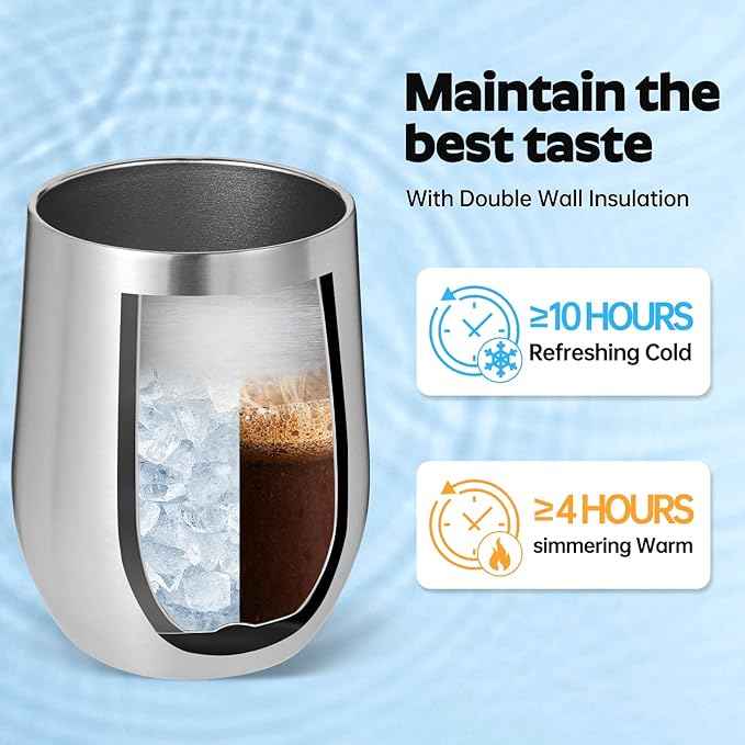 Volhoply 12oz Stainless Steel Wine Tumbler with Lid and Straw,Double Wall Vacuum Insulated Stemless Wine Glasses,Reusable Travel Coffe Mug for Cold Drinks,Small Tumblers Gifts for Women（Silver,1 Set）
