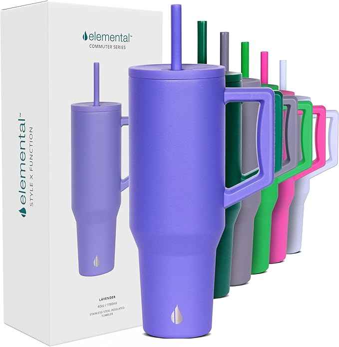Elemental 40 oz Tumbler with Handle and Straw - Spill Proof Insulated Stainless Steel Commuter for Cold Beverages - Travel Coffee Mug with 2 Straws & Spill Proof Lid - 40oz - Lavender