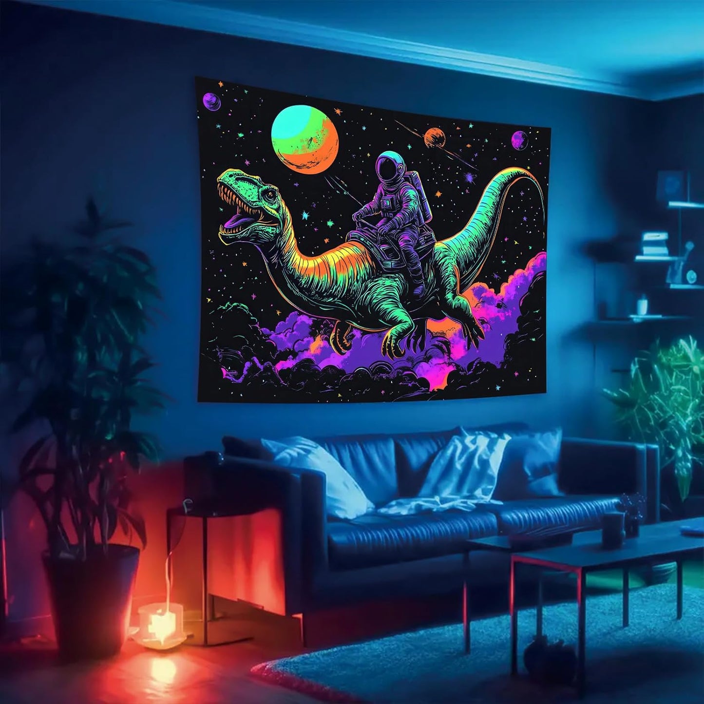 Starlit Patio Blacklight Funny Space Astronaut Dinosaur Tapestry Glow in The Dark UV Reactive Wall Hanging Tapestry Trippy Space Art Poster for Men Guys Room Bedroom Decor 78 x 59 Inches