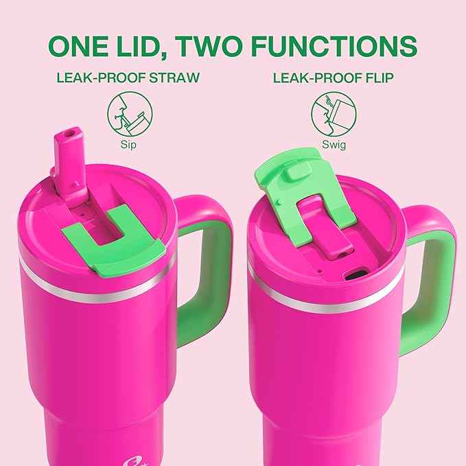 32 oz Tumbler with Handle and Straw: Stainless Steel Insulated Tumbler Keeps Cold for 24 Hours, Leakproof Travel Cup Fits in Cup Holder and BPA-Free,Knockout Pink