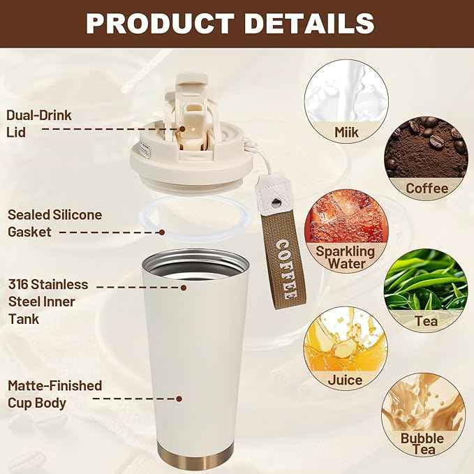 Insulated Coffee Tumbler 17.9oz 530ml Travel Coffee Mug 316 Stainless Steel Dual Drink Openings Leakproof Lid Reusable Insulated Coffee Mug Hot and Cold Ideal Travel Mug for Coffee Lover Daily