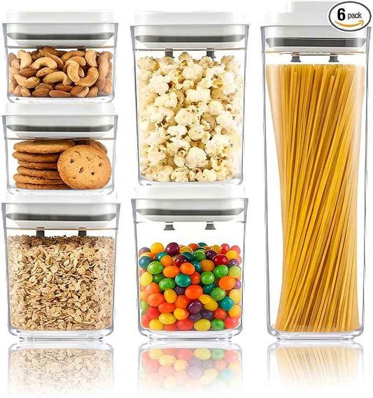Pop Top Food Storage Container Set | 6Pcs Airtight Cereal Storage Organizer Canisters with Pop Lids, BPA-Free, Vacuum Seal & One-button Opening, Stackable Pantry Containers for Dry Food Storage