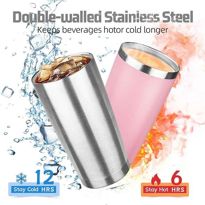20 oz Tumbler with Lids and Straws, Stainless Steel Insulated Travel Coffee Mug, Double Wall Vacuum Insulated Tumblers, Powder Coated Coffee Tumbler for Cold & Hot Drinks (Silver)