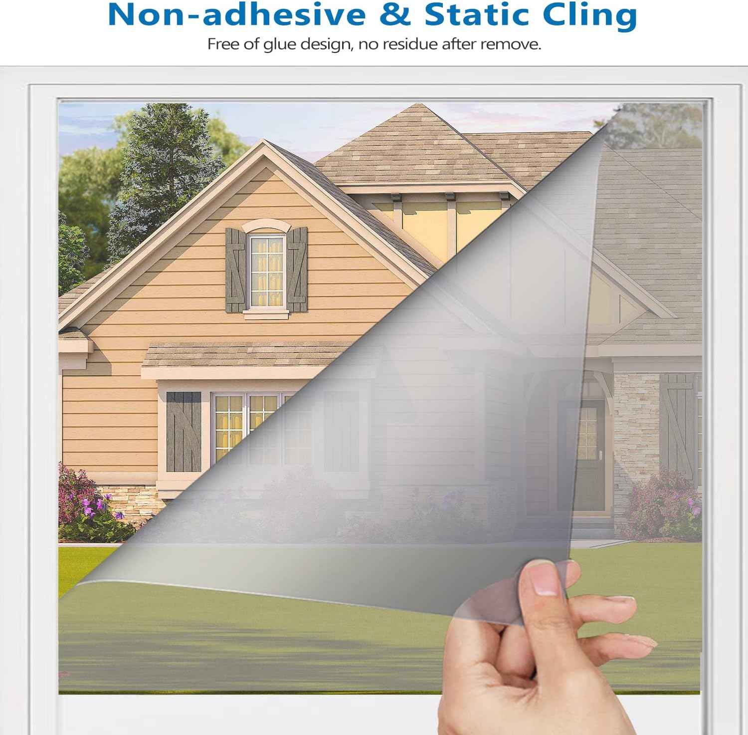 One Way Window Film Daytime Privacy Heat Control Window Film Anti UV Reflective Static Cling Film, Window Tint for Home and Office Black-Silver 35.4 x 78.7 Inch