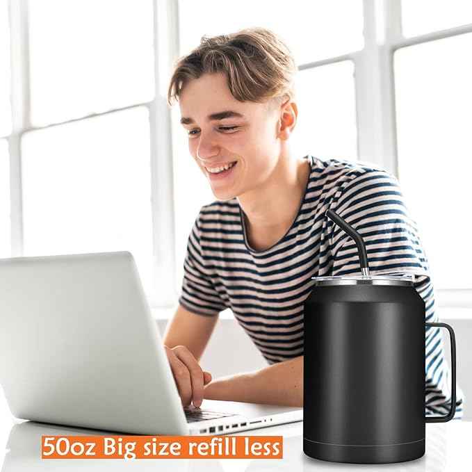 Zenbo 50 oz Mug Tumbler – Stainless Steel Vacuum Insulated Mug with Handle,Lid and Straw,Keeps Drinks Cold up to 36 Hours – Sweat-Proof Body, Dishwasher Safe