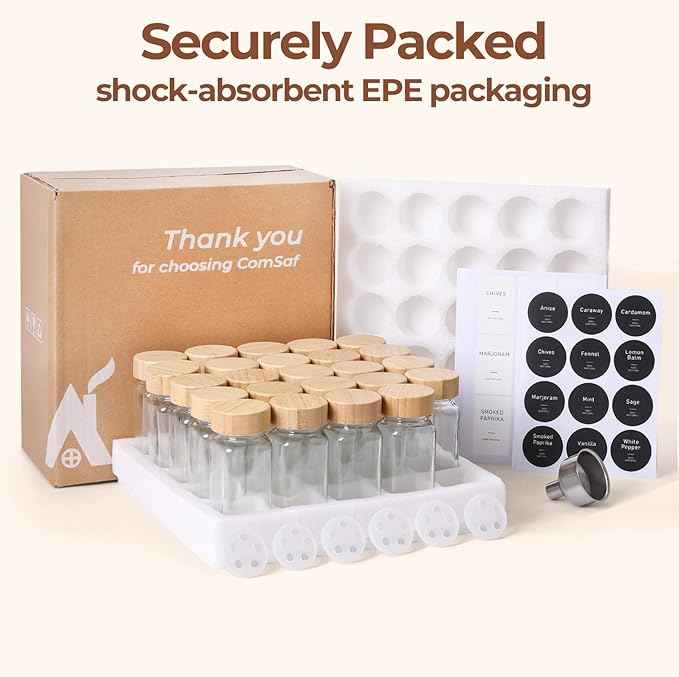 ComSaf Spice Jars with Label 4 oz 24Pcs, Glass Spice Jars with 6 Extra Shaker Inserts and 93 Labels, Seasoning Set with Bamboo Lids and Metal Funnel, Square Containers for Organization, Salt, Pepper