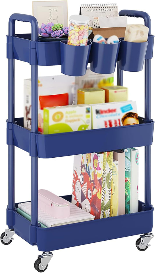 UDEAR 3-Tier Rolling Utility Cart,Multifunctional Storage Shelves with Handle and Lockable Wheels for Room,Office,Kitchen,Bathroom,with 3 Hanging Cups,Blue