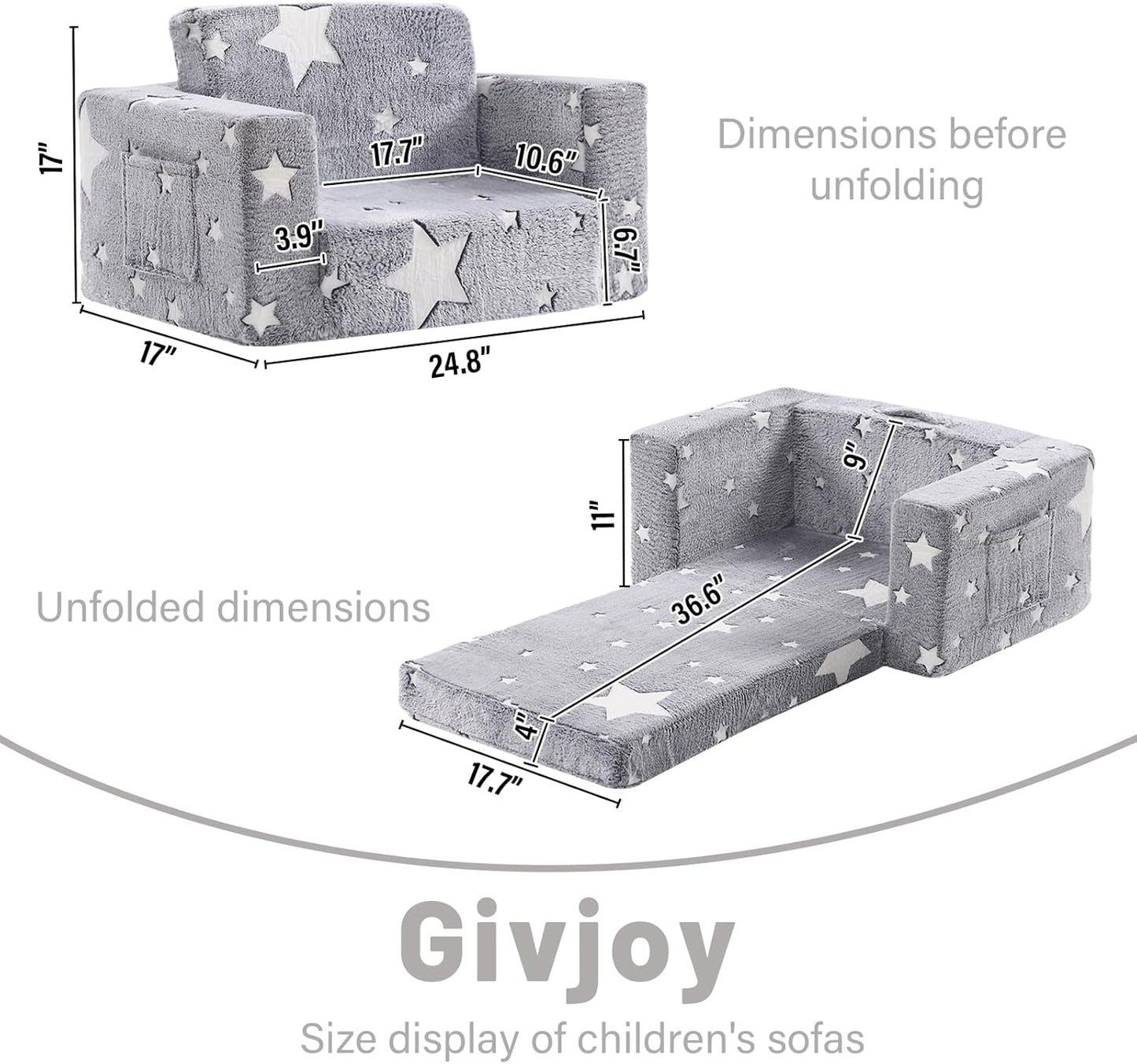 Toddler Chair Plush Kids Couch, 2-in-1 Comfy Armchair Removable and Washable Cover Carrying Handle, Convertible Reading Chair Toddler Couch for Girls and Boys, Glow in The Dark Grey Star