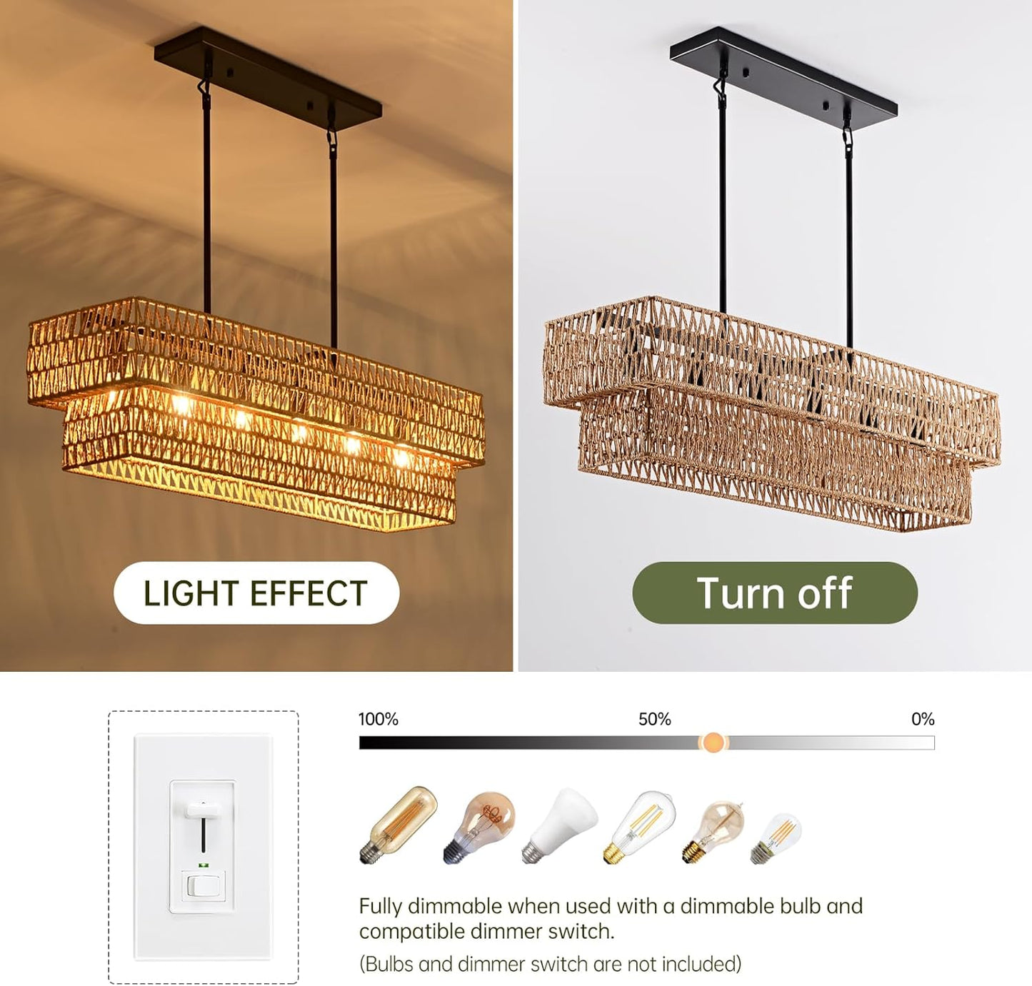 6-Light Boho Rattan Chandeliers for Dining Room, 2 Layer Large Linear Chandelier Rattan Pendant Light Fixture Farmhouse 34” Rectangle Chandelier for Kitchen Island Bar Living Room