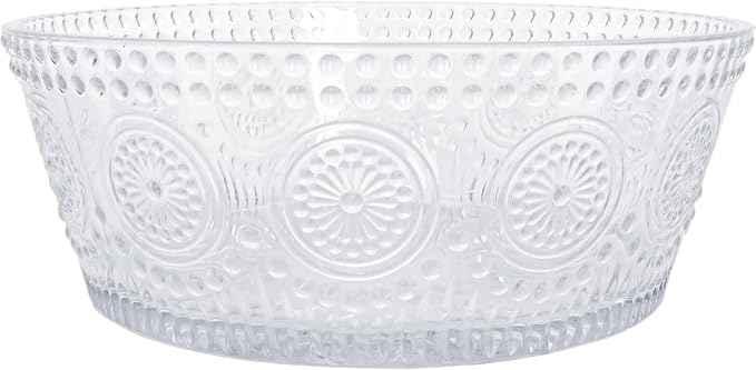Boston International Vintage-Inspired Glass Serving Bowl with Embossed Floral Pattern for Salad Snacks Dinner, Large 7" x 2.75", Clear Codi