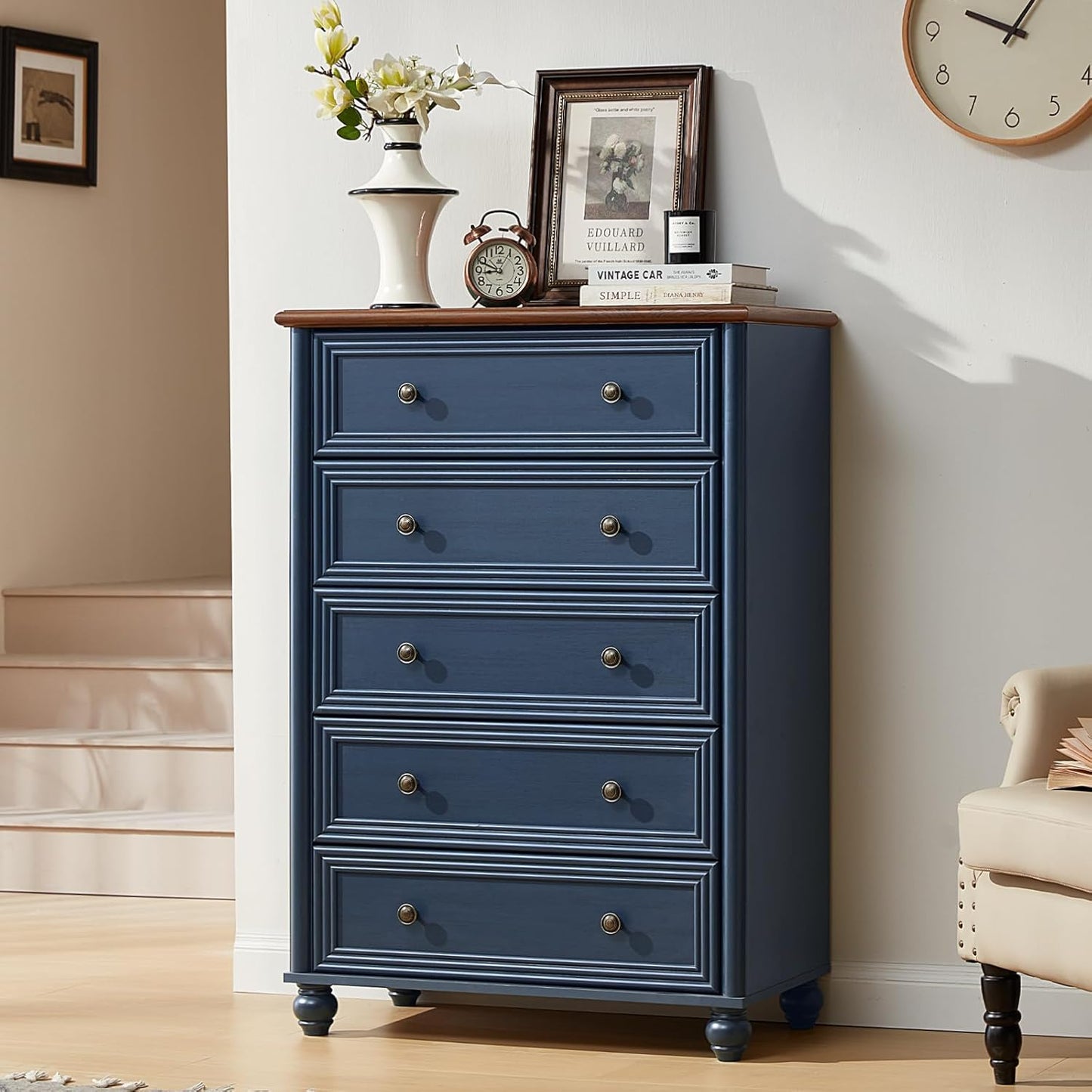 Farmhouse 5 Drawers Dresser for Bedroom, Wood 45" Tall Chest of Drawers, Dresser Rustic Storage Dressers Organizer with Metal Handle Closet for Living Room, Hallway Entryway