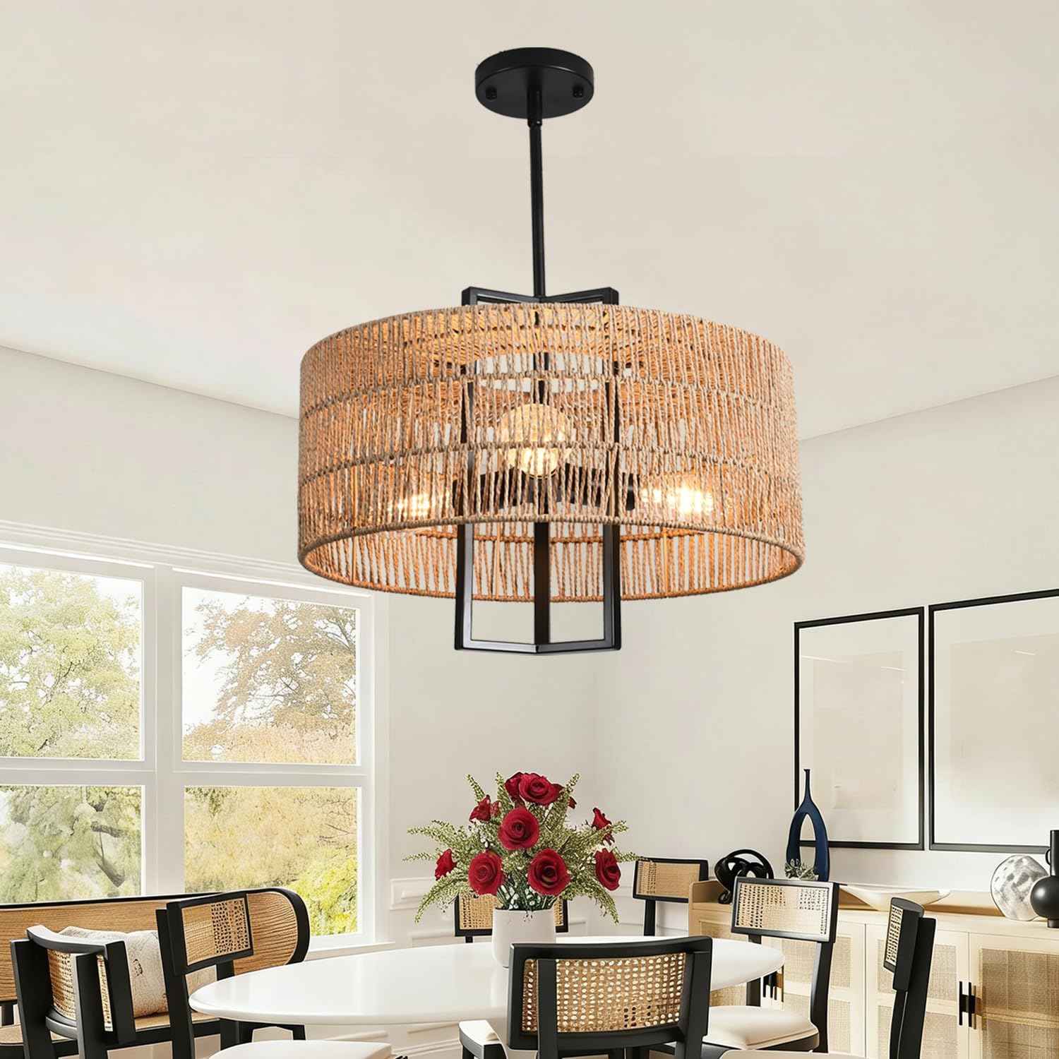 3-Light Boho Chandelier Rattan Light Fixture 17.71" Farmhouse Chandelier for Dining Room Light Fixture Rustic Durm Chandelier Hand Woven Rattan Pendant Light Fixture