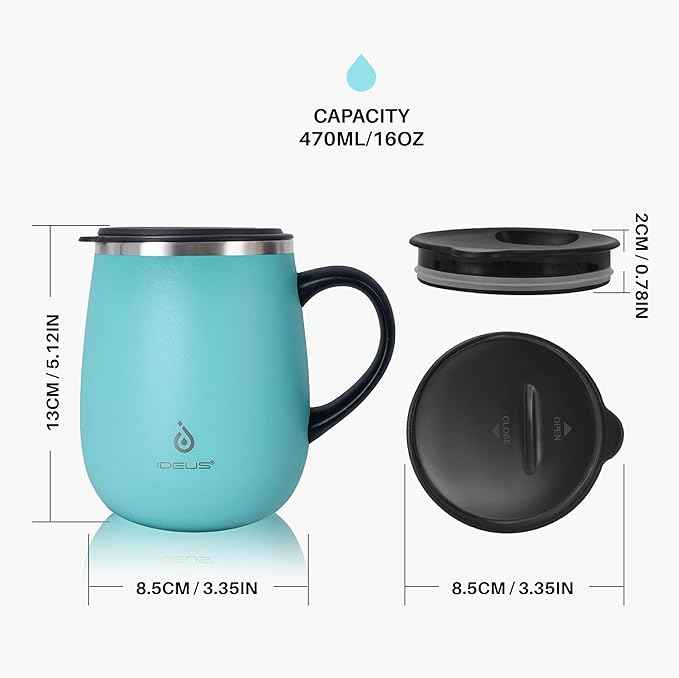Ideus 16 oz (470 ml) Insulated Coffee Mug with Handle and Lid, Double Wall Stainless Steel Vacuum Thermal Coffee Mug, Travel Coffee Cup Thermal Cup for Home and Office (Sky Blue)