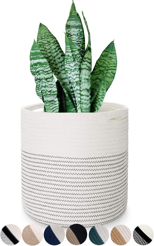Woven Cotton Rope Plant Basket for 11 12" Flower Pot Floor Indoor Planters, Decor Basket for Plants Storage Organizer Modern Home Decor (12" x 12", White)