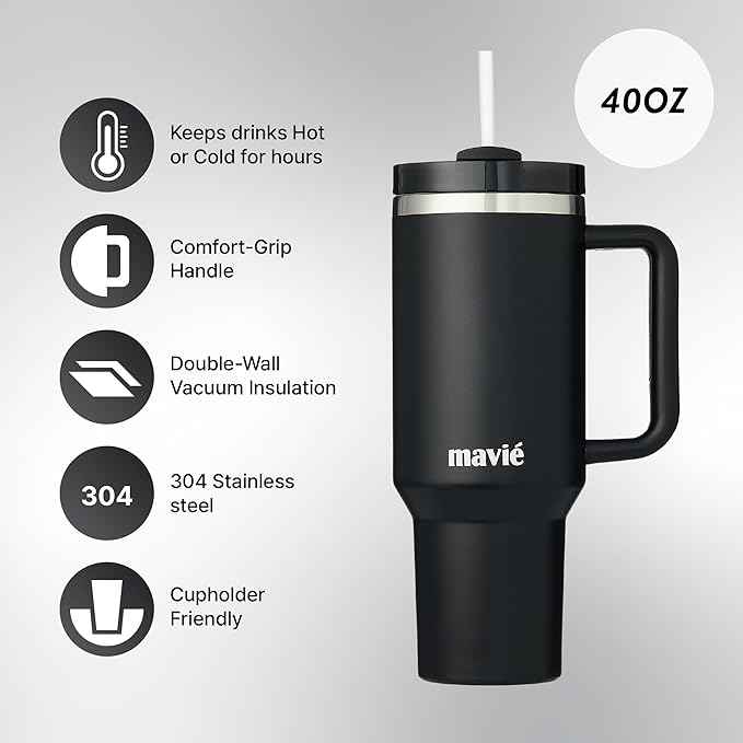 40oz Tumbler With Handle & Straw, Vacuum Insulated Stainless Steel Water Bottle With Leakproof Twist Sip Lid, Rubber Base, Dishwasher Safe, Cup Holder Friendly Travel Coffee Mug (Black)