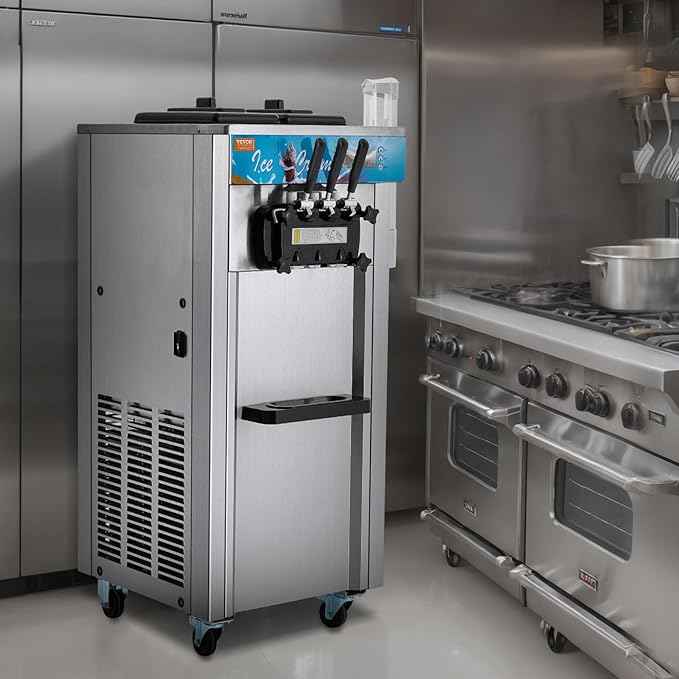 VEVOR Commercial Ice Cream Machine, 21-31 L/H Yield, 1800W 3-Flavor Freestanding Soft Serve Ice Cream Maker, 2 x 5.5L Stainless Steel Cylinder, LED Panel Auto Clean Pre-cooling, for Restaurant Bars