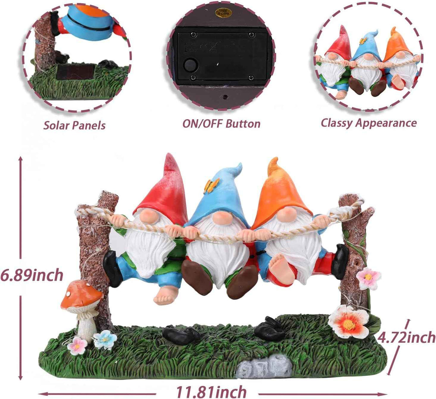 Garden Gnome Statue, Solar Swing Gnomes Figurine with Flowers and Mushrooms, Waterproof Resin Outdoor Decor for Patio Lawn Yard Home Tabletop Decoration