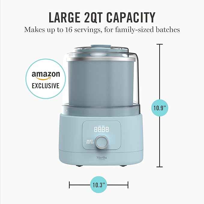 Martha Stewart Ice Cream Maker, 2 Quart Double-Insulated Freezer Bowl, Sorbet & Frozen Yogurt, Ready in 20 Minutes, Mix-Ins Chute, Easy to Clean, Sky Blue