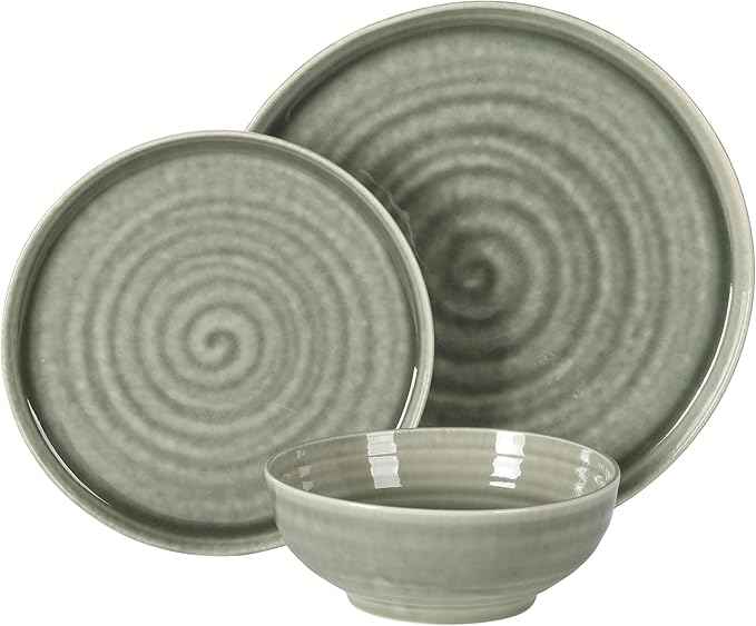 Gibson Elite Eclipse Swirls Plates and Bowls Sets, 12-Piece Stoneware Dinnerware Sets, Reactive Glaze Dish Set - Green