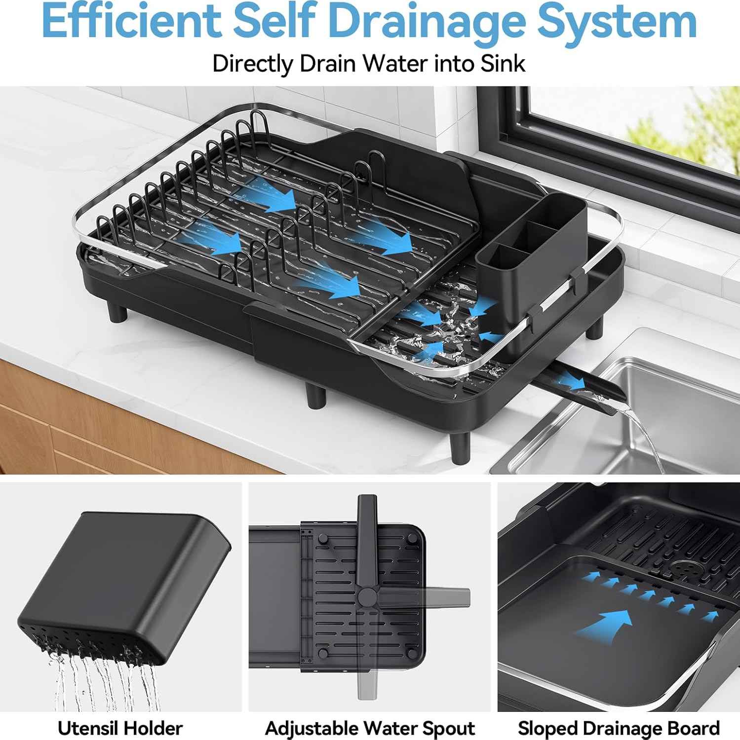 Urackify Expandable Dish Rack for Kitchen Counter,16.14"-23.62" Large Stainless Steel Dish Drying Rack with Adjustable Water Spout, Space Saving Dish Drainer with Auto Draining Cutlery Holder,Black