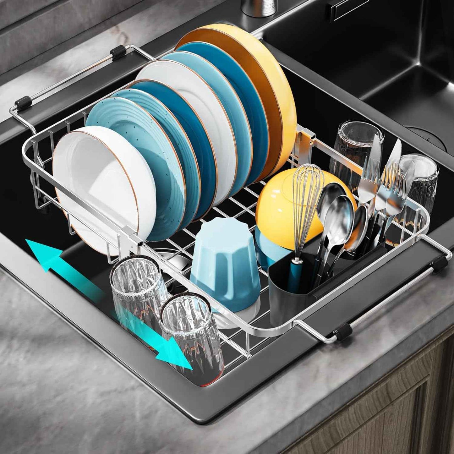 GSlife Small in Sink Dish Drying Rack - Expandable Stainless Steel Compact Over The Sink Dish Drainer with Utensil Holder for RV Kitchen Apartment, Silver
