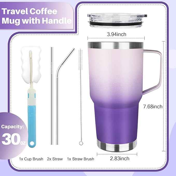 30 oz Tumbler with Handle, Stainless Steel Insulated Tumbler with Lid and Straw, Double Wall Vacuum Coffee Mug Tumbler, Insulated Coffee Thermal Cup for Cold and Hot (Light Dark Purple)