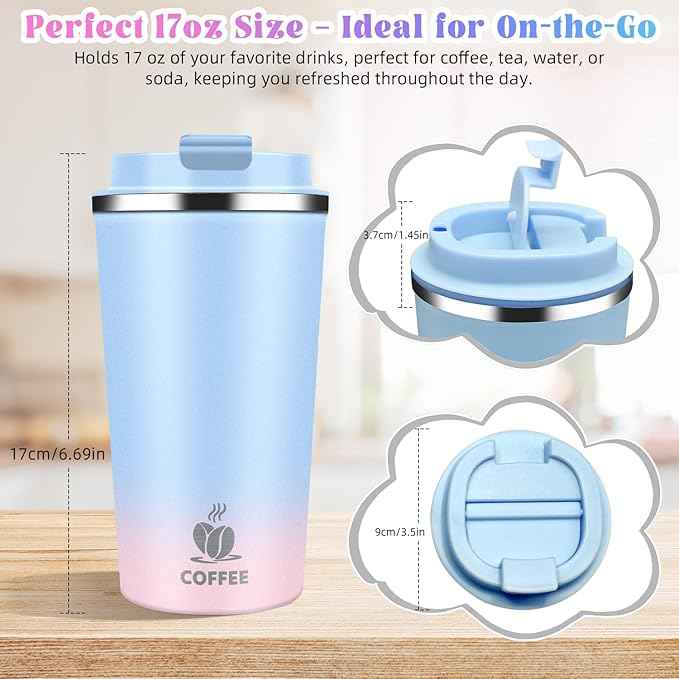 17oz Insulated Travel Coffee Mug with Flip Lid – Leakproof Stainless Steel Insulated Coffee Tumblers, Reusable Coffee Cup for Hot & Cold Drinks, Perfect for Camping & On-the-Go