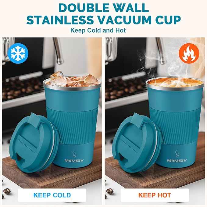 MOMSIV 12oz Travel Mug, Insulated Coffee Cup with Leakproof Lid, Travel Coffee Mug Vacuum Stainless Steel Double Walled Reusable Coffee Cup for Hot and Cold Water Coffee
