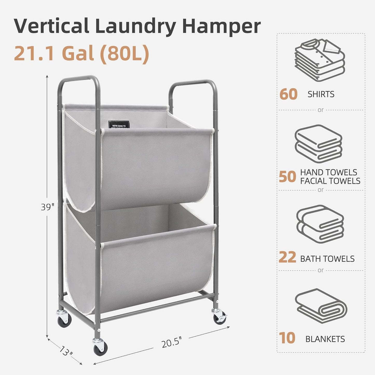 STORAGE MANIAC 80 Liters Vertical Rolling Laundry Hamper, 2 Section Laundry Sorter with Wheels and 2 Breaks, 2-tier Laundry Baskets for Small Space, Dorm, Laundry Room, Closet, Bathroom, Gray 2-tier - Lumora Casa