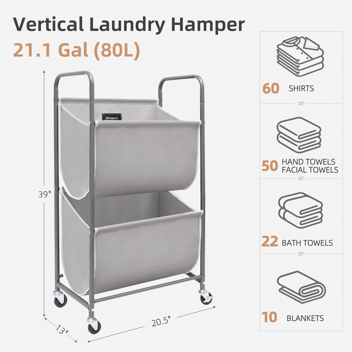 STORAGE MANIAC 80 Liters Vertical Rolling Laundry Hamper, 2 Section Laundry Sorter with Wheels and 2 Breaks, 2-tier Laundry Baskets for Small Space, Dorm, Laundry Room, Closet, Bathroom, Gray 2-tier - Lumora Casa