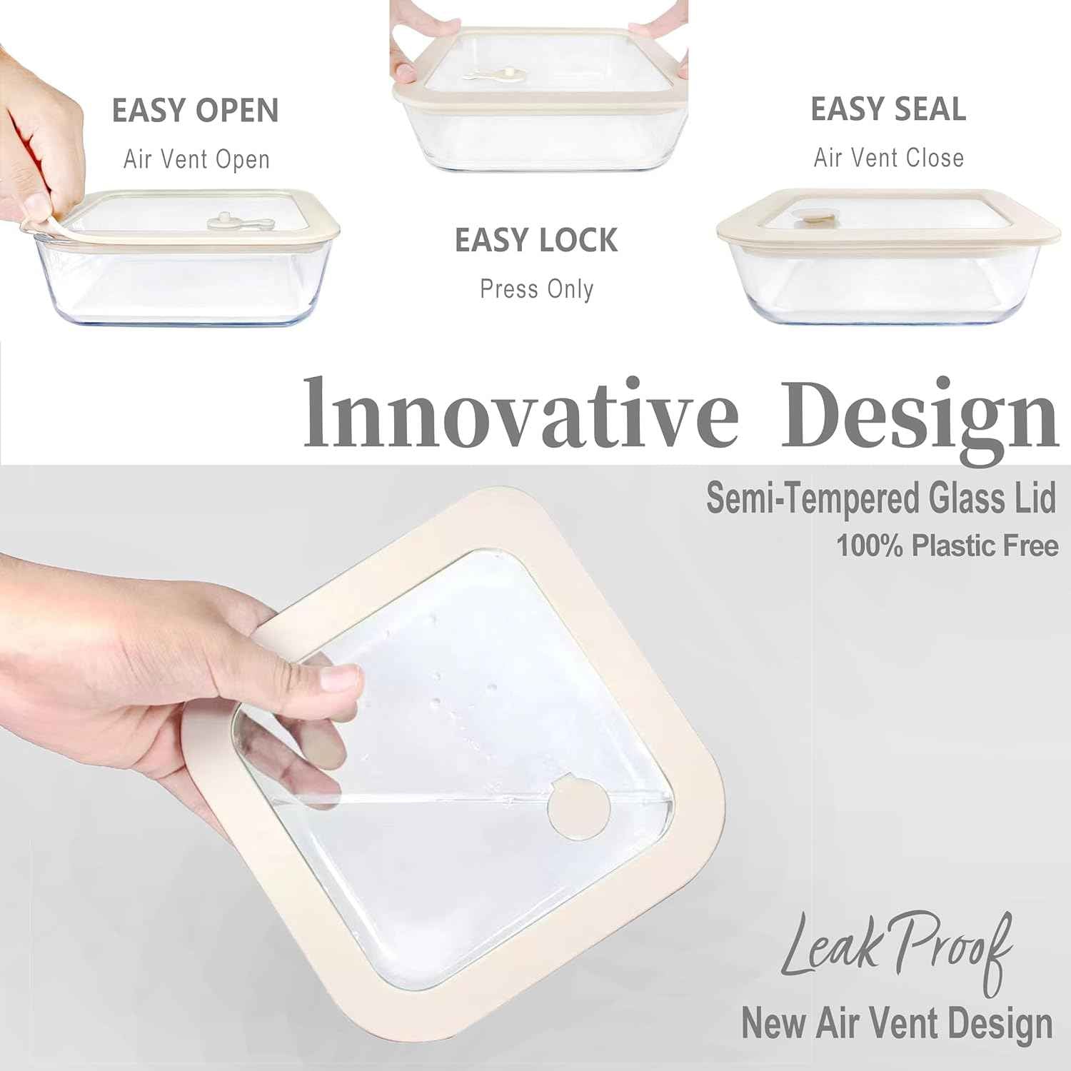Urban Green Glass Food Container Set with Glass Lid, 3 Pack, Meal Prep Containers with Silicone Framed Airtight Lid, Leakproof, 100% Plastic Free,