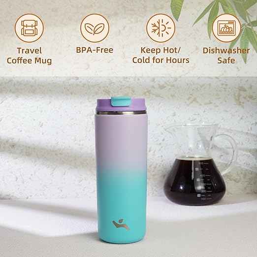 Konokyo Tumbler with Lid, 16 oz Travel Coffee Mug Double Wall Vacuum Stainless Steel Thermal Metal Cup Insulated Water Bottle,Lavender Green