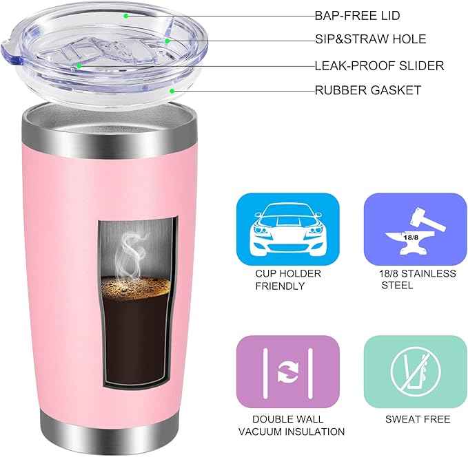 VEGOND 20oz Tumbler with Lid and Straw Stainless Steel Tumbler Cup Bulk Vacuum Insulated Double Wall Travel Coffee Mug Powder Coated Coffee Cup, Pink, 12 Pack