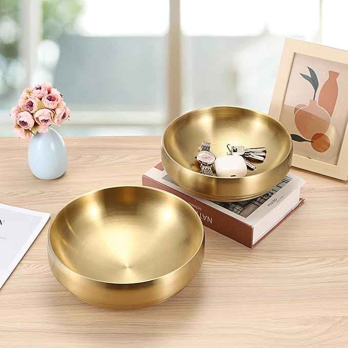 9.1 Inches Stainless Steel Bowl Decorative Key Bowl Golden Serving Bowl for Snack Fruit Dish Round Key Dish for Entryway Table Coffee Table Kitchen Counter
