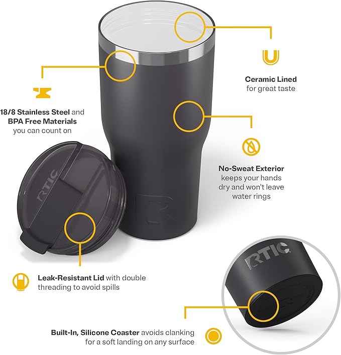 RTIC 30oz Essential Tumbler with Lid, Ceramic Lined, Insulated, Stainless Steel, Metal, Double Wall Vacuum-Insulation, Travel Cup for Iced Coffee, Tea, Hot and Cold Drink, Graphite