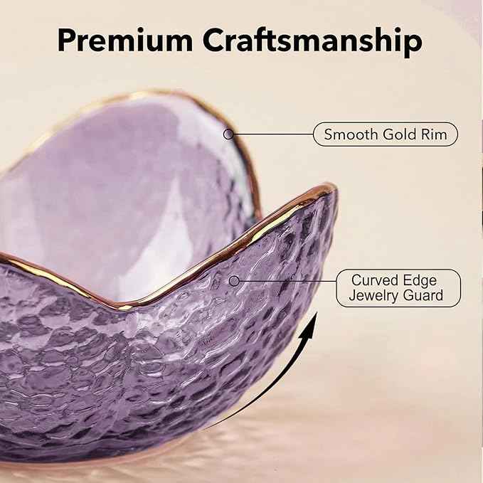 Purple Flower Jewelry Dish Glass Ring Holder Dish Jewelry Tray Cute Vanity Organizer Aesthetic Nightstand Bathroom Room Decor Trinket Dish Mothers Day Friendship Christmas Birthday Gifts for Women