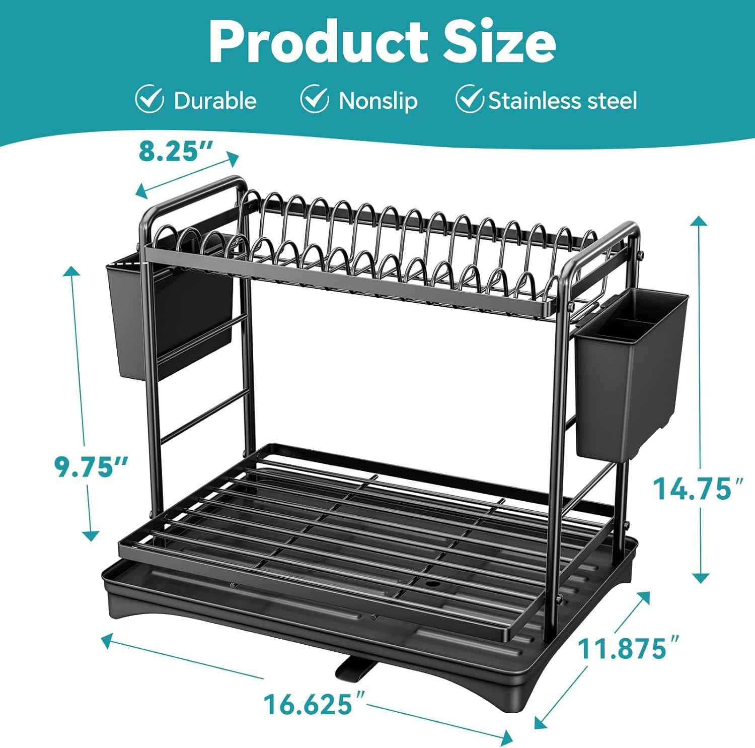 Simple Trending Dish Rack, Dish Drying Rack 2 Tier, Stainless Steel Dish Drainers with Utensil Holder and Drainboard for Kitchen Sink Organizers, 12" w x 16.6" L, Black