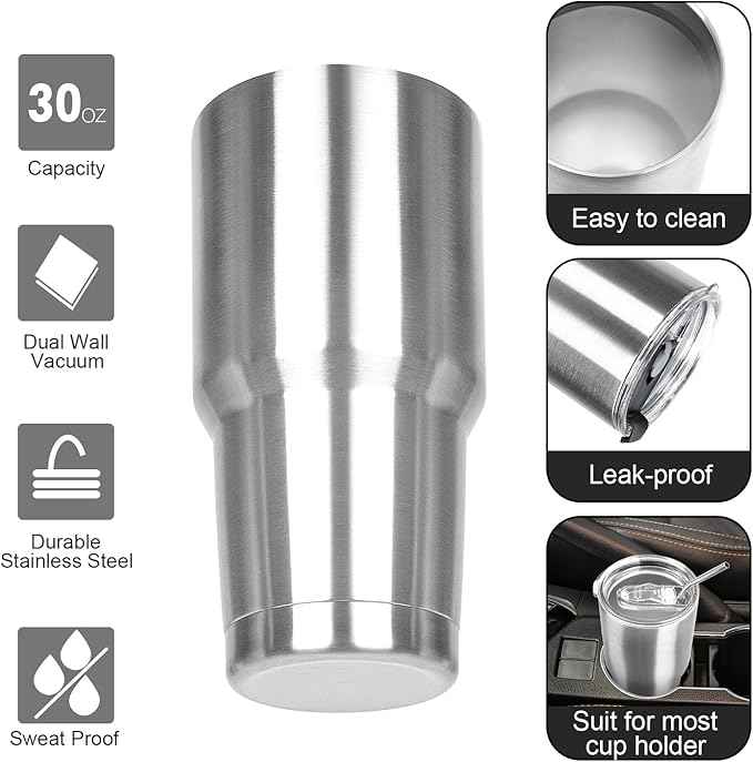 30 oz Tumbler with Lids and Straws Double Wall Insulated Tumbler Cup,Stainless Steel Leak-proof Thermal Coffee Tumbler Powder Coated Travel Mug for Cold and Hot Beverages,Silver
