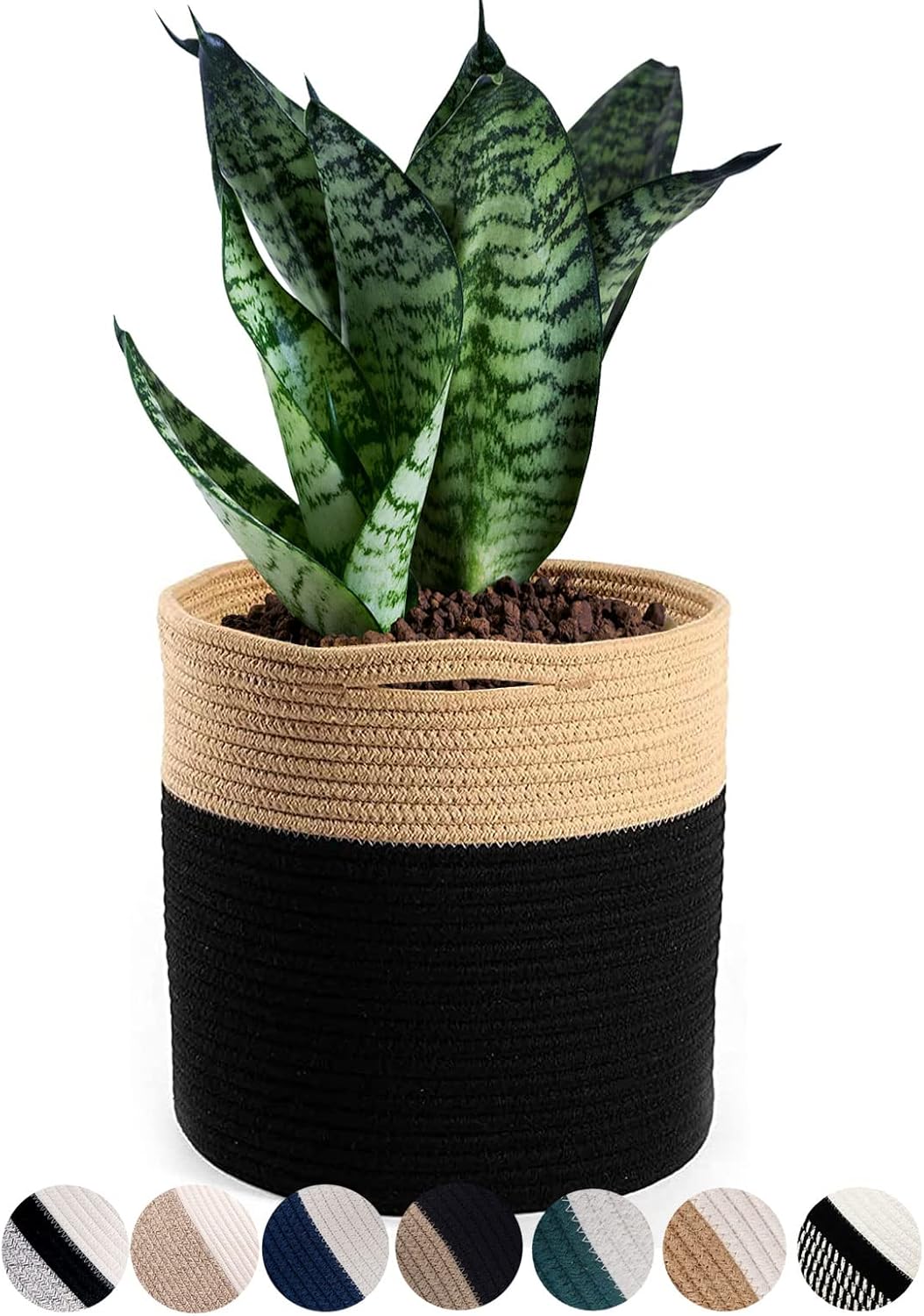 Woven Cotton Rope Plant Basket for 10" Flower Pot Floor Indoor Planters Flower Pot, Home Decor Storage Organizer H11 x W11 Black&Brown