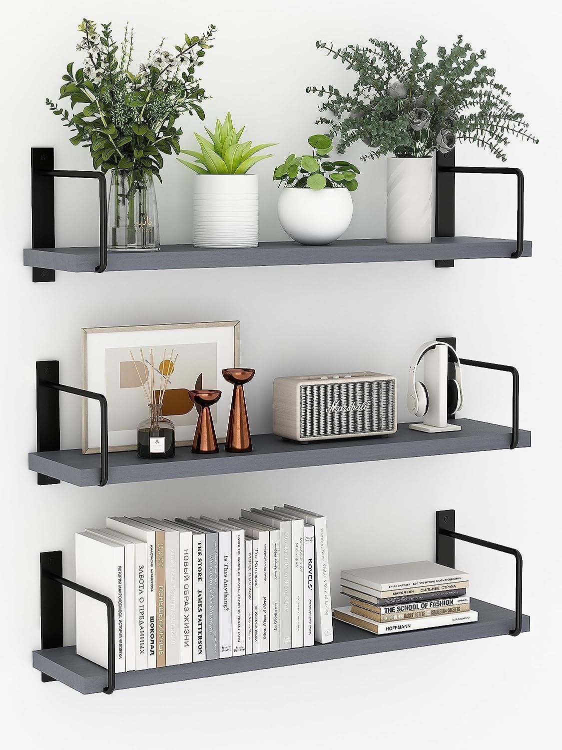 Floating Shelves - 24 Inch Wall Mounted Set of 3, Rustic Wood Storage Shelves for Living Room (Grey)