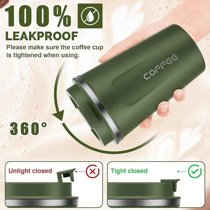 MOMSIV 12oz Travel Mug, Insulated Coffee Cup with Leakproof Lid, Vacuum Stainless Steel Double Walled Reusable Tumbler for Hot and Cold Water Coffee and Tea In Travel and Car Armygreen