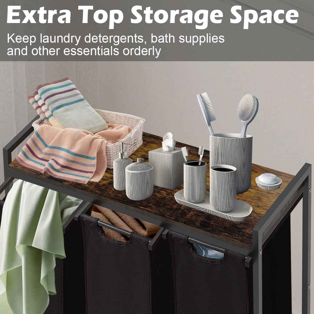 Large Laundry Hamper Sorter with 3 Removable & Pull-Out Sorting Bags, Wooden Top Shelf, Versatile Laundry Basket Organizer for Laundry Room, Bathroom, Dorm, 8 * 3 Gal, Black