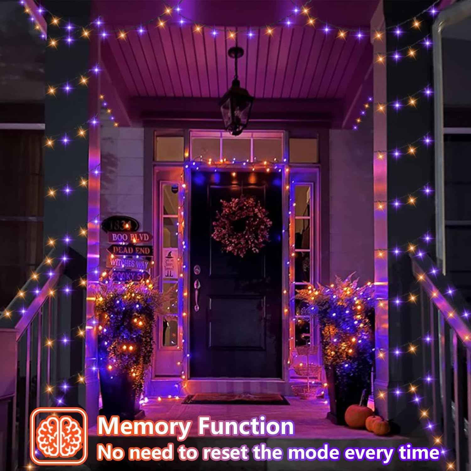 YEGUO Halloween Lights Battery Operated, 2 Pack Each 33ft 100 LED Orange and Purple String Lights Outdoor Waterproof, Green Wire Fairy Christmas Light Indoor with Remote