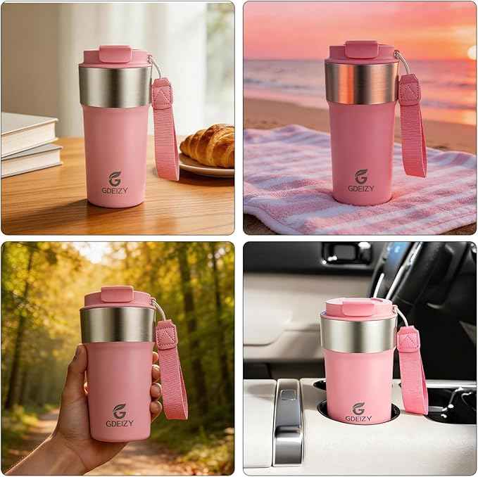 Insulated Coffee Mug, 17oz Stainless Steel Travel Mug with Flip-Top Straw Lid, Leak Proof Vacuum Insulated Tumbler, Reusable Coffee Cup for Hot & Cold Drinks, Pink