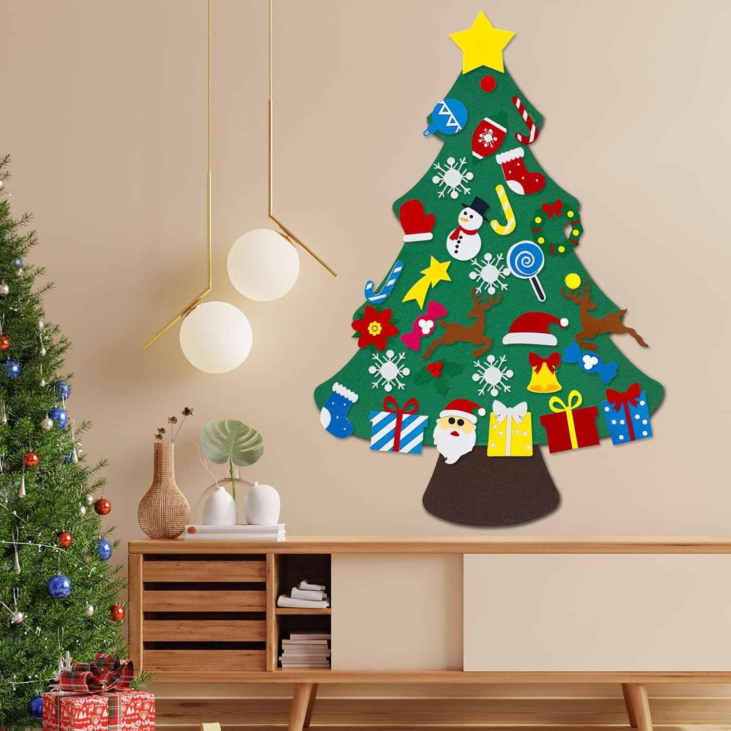 3.2 Ft Felt Christmas Tree with 33 Ornaments, DIY Felt Christmas Tree Set for Montessori, Hanging Ornaments DIY Tree Set Xmas New Year Wall Decorations