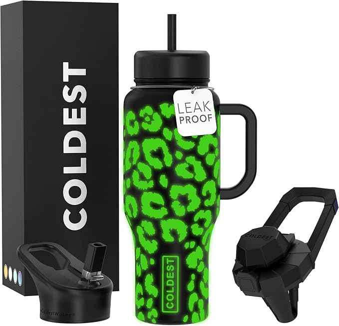 Coldest Tumbler with Handle and Straw, 100% Leak Proof Insulated Tumbler with Lid and Straw (3 Lids), Stainless Steel Tumblers for Women & Men, Cup Holder Friendly, 36 oz (Glowie Leopard)